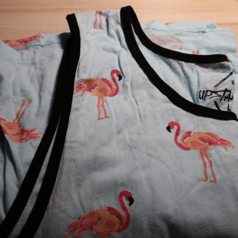 Large men's blue tank top with flamingos